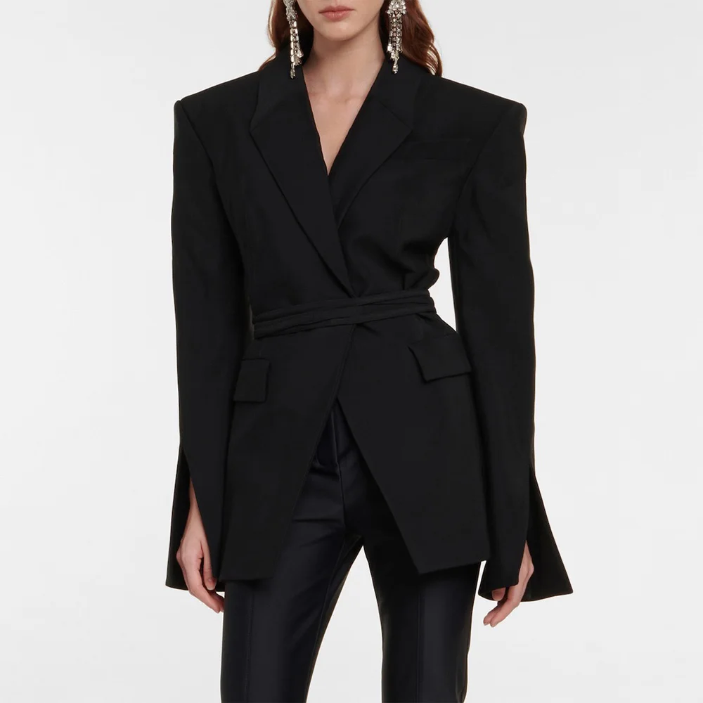

Luxury Black Blazer Jackets for Women Notched Collar Full Sleeve Backless Belt Waisted Elegant High Quality Ladies Outwears Coat