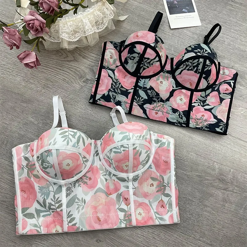 

Retro Floral Lingerie Sexy Outer Wear Strapless Suspender Oversized Women Gathering Chest Support Fishbone Bras Strapless Bra