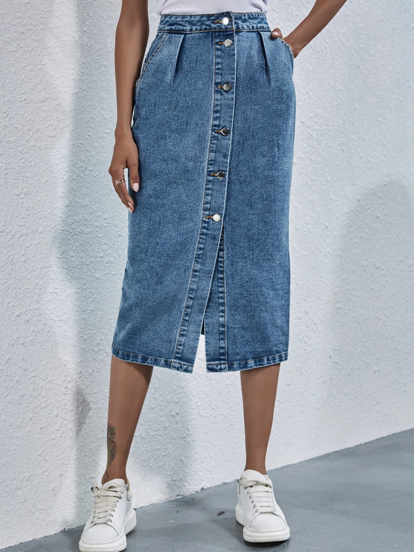 Chicheca Office Lady Spring Summer Straight Slit Midi Denim Skirt Folds Pockets Single Breasted Midi Faldas Mujer Fashion Bottom
Chicheca Office Lady Spring Summer Straight Slit Midi Denim Skirt Folds Pockets Single Breasted Midi Faldas Mujer Fashion Bottom