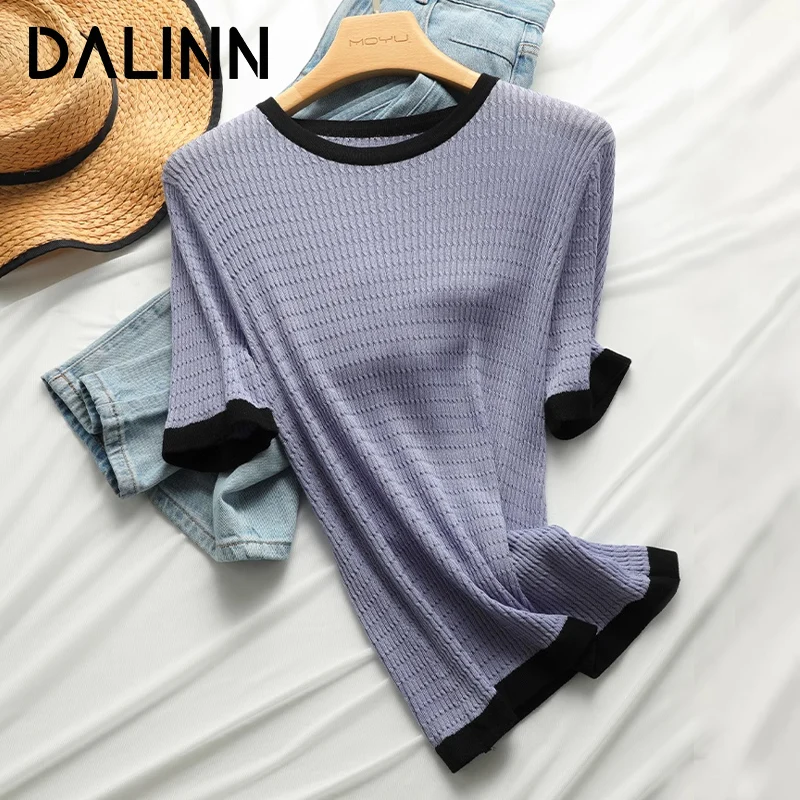 

Woman Contrast T Shirts Basic O Neck Short Sleeves 100%Lyocell Cozy Slim Tee 2023 Spring Summer New Knitted Top Green DALINN