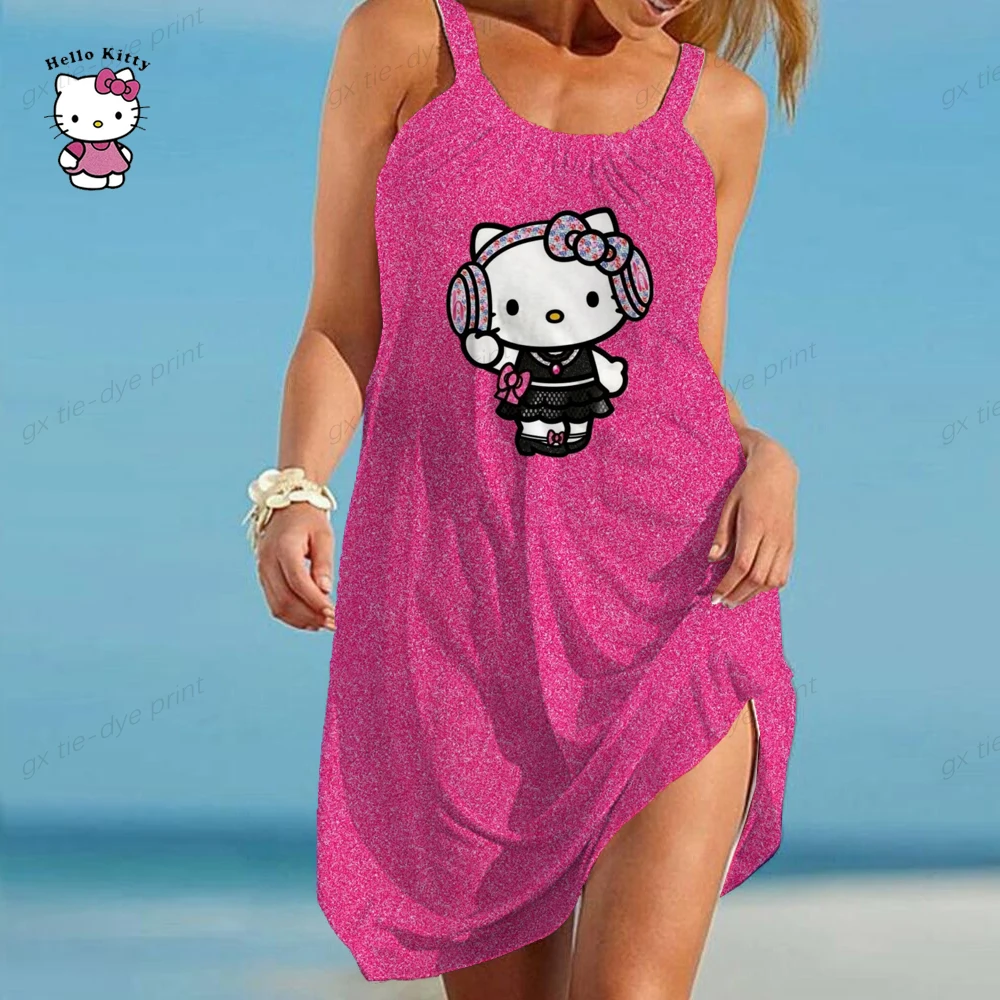 

Womens Summer Sleeveless Round Neck Plain T-Shirt Dress Hello Kitty Printing Pleated Swing Casual Loose Pullover Streetwear