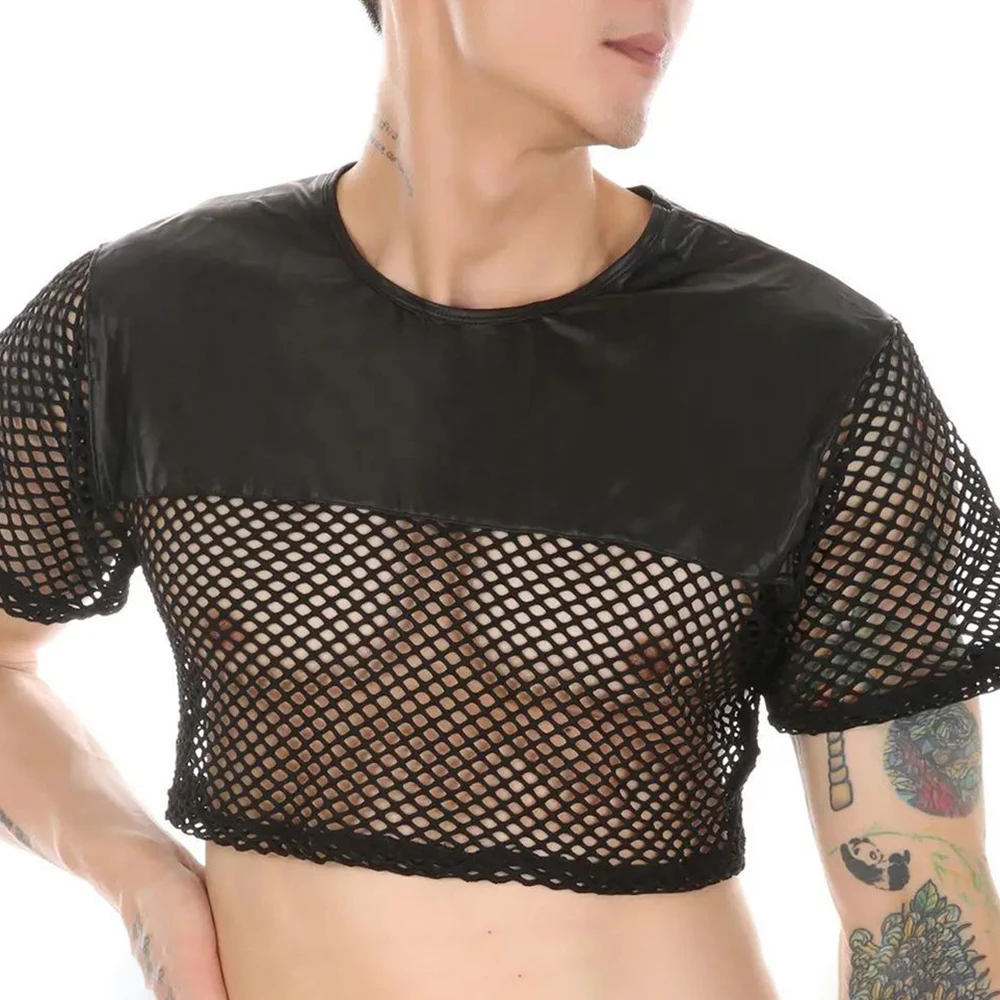 

Mens Personalized T-Shirt Short Imitation Leather Mesh Stitching Fishnet Top Genderless Sexy Nightclub See-Through Navel Top