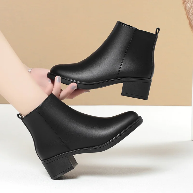 

Winter Fashion Women Ankle Boots Mid Heels Dress Velvet Thick Heel Shoes Office Soft Sole Cotton Zipper Boots