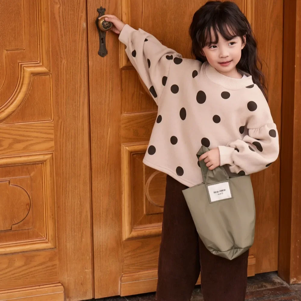 

Girl Hoodie 2023 New Children Clothing Autumn and Winter Top Girl Korean Style Dark Apricot Thin Velvet Polka Dot Hoodie