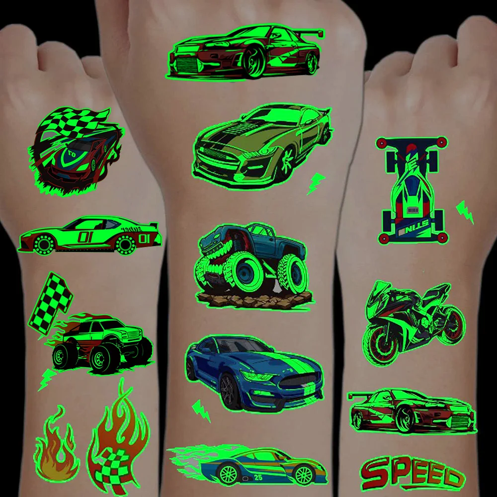 

12 Sheets Race Car Sports Temporary Tattoos Kids Stickers Waterproof Glow in The Dark Birthday Party Supplies Cartoon