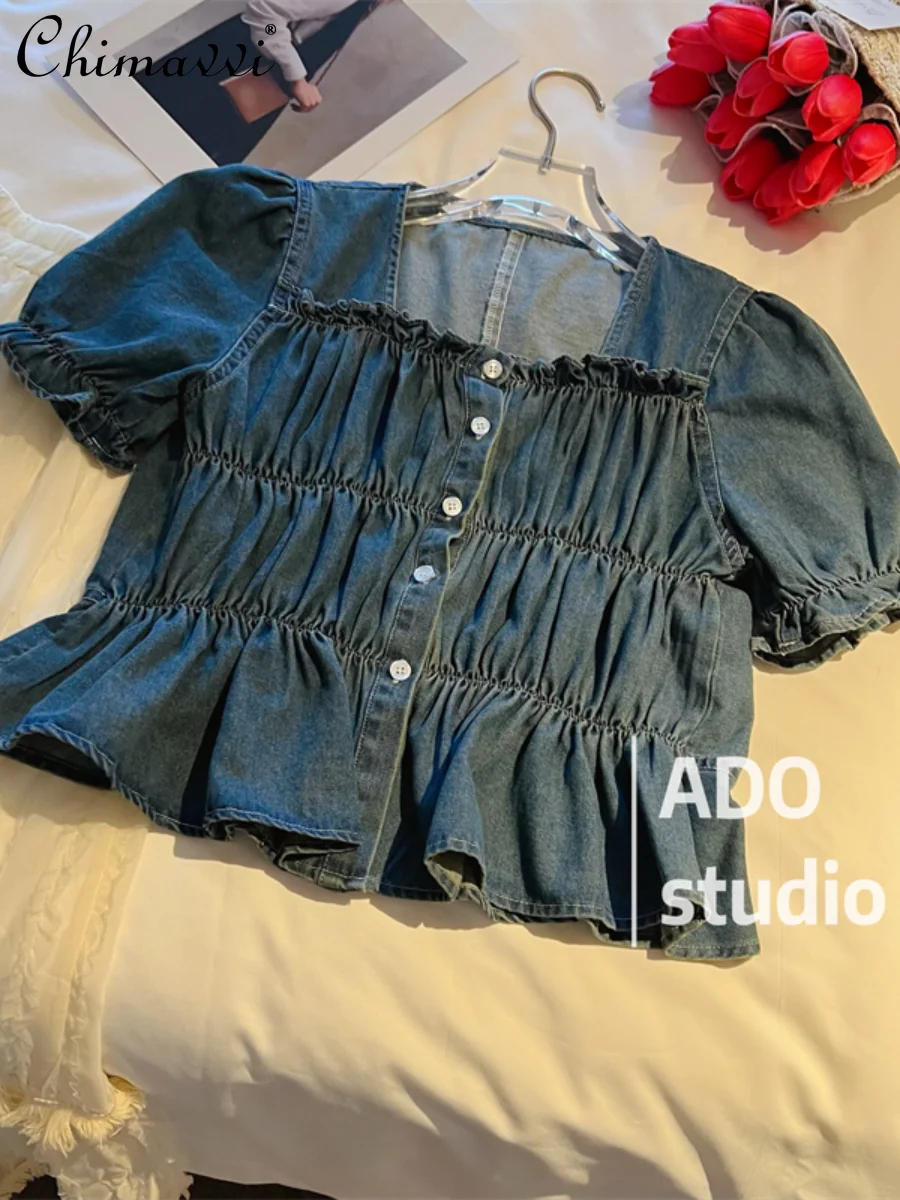 French Design Short-Sleeved Denim Shirt for Women 2023 Summer New Fashion Ruffles Slim-fit Pleated Puff Sleeve Blouse Casual
French Design Short-Sleeved Denim Shirt for Women 2023 Summer New Fashion Ruffles Slim-fit Pleated Puff Sleeve Blouse Casual