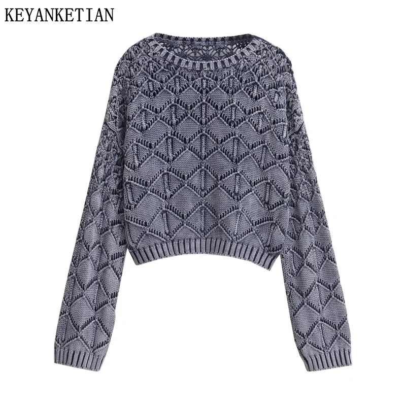 

KEYANKETIAN Autumn/Winter New Women's Wash Effect Knitwear Geometric Argyle Hollow out Vintage Pullover Sweater Smock Crop Top