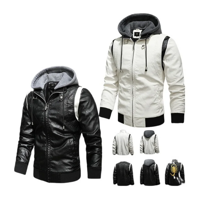

Men Leather Jackets Embroidered Scorpion Pattern ,Detachable Hat Street Hooded PU Leather Coat