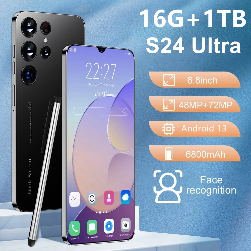 

Смартфон глобальная версия S24 Ultra, 16 ГБ + 1 ТБ, две Sim-карты, экран 6,8 дюйма, Android 13, телефон с камерой 48 + 72 МП, 6800 мАч