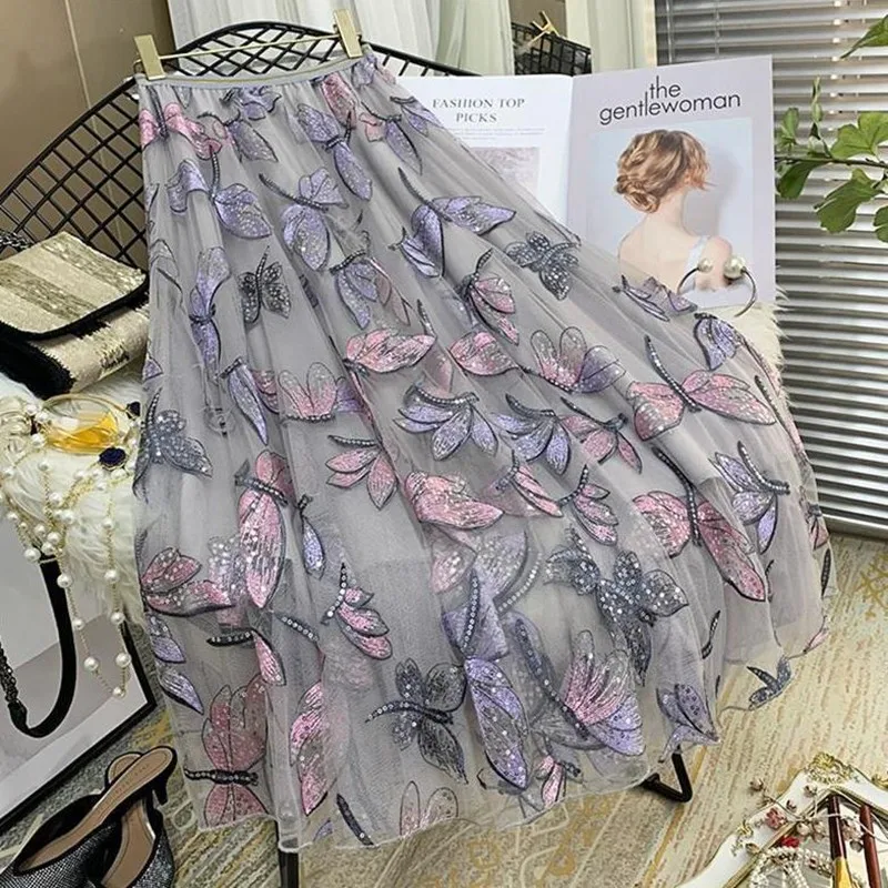 Sequin Mesh Embroidery Dragonfly Long Skirt Midi Tulle Skirts High Waist Pleated Sweet Slim Women's Spring and Summer Female Age
Sequin Mesh Embroidery Dragonfly Long Skirt Midi Tulle Skirts High Waist Pleated Sweet Slim Women's Spring and Summer Female Age