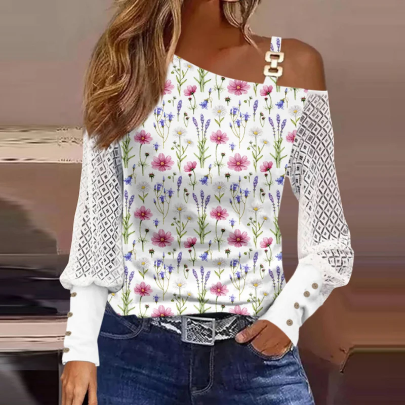 Irregular Off Shoulder Lace Blouse Women Elegant Sexy Print Pullover Shirt Autumn New Skew Collar Hollow Long Sleeve Tops 28411
Irregular Off Shoulder Lace Blouse Women Elegant Sexy Print Pullover Shirt Autumn New Skew Collar Hollow Long Sleeve Tops 28411