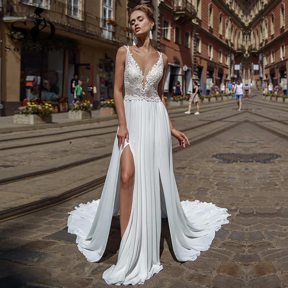 SoDigne Boho Wedding Dress V-neck Chiffon Spaghetti Straps Sexy Side Split Backless Robe De Mariee Women Bridal Gowns
SoDigne Boho Wedding Dress V-neck Chiffon Spaghetti Straps Sexy Side Split Backless Robe De Mariee Women Bridal Gowns