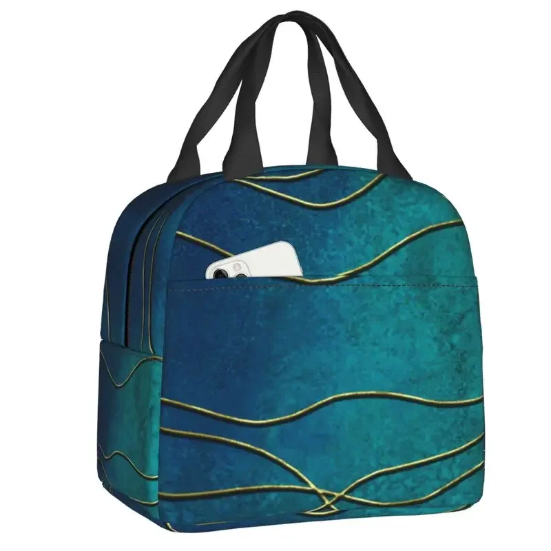 

Luxurious Deep Bluish Green Golden String Gemstone Insulated Lunch Bags Marble Abstract Resuable Cooler Thermal Bento Box School