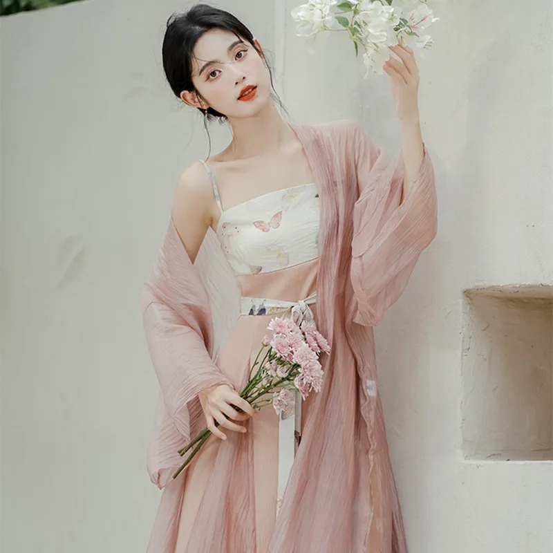 

2024 Spring Summer New Chinese Retro Improved Hanfu Chinese Style Print Halter Dress Chinese Elements Cardigan 2-piece Set