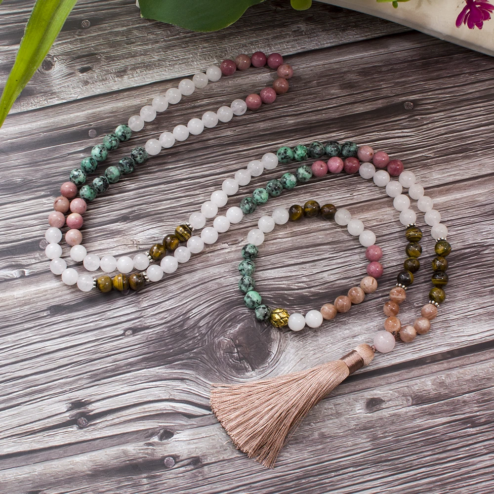8mm White Jade Sun Stone Tiger Eye Beads 108 Mala Necklace Meditation Yoga Prayer Jewelry Japamala Set for Men and Women
8mm White Jade Sun Stone Tiger Eye Beads 108 Mala Necklace Meditation Yoga Prayer Jewelry Japamala Set for Men and Women