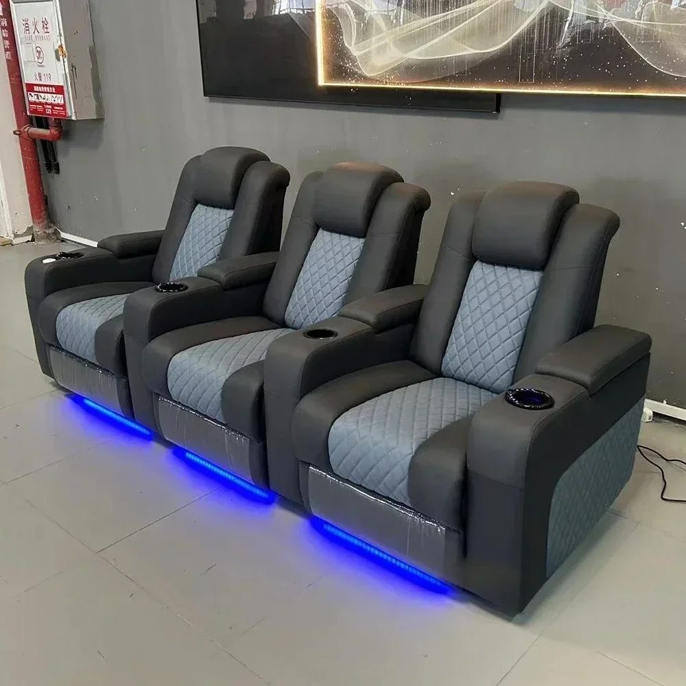 Power Reclining Home Theater Sofa – Dual Motor Genuine Leather Recliner Couch with Massage, USB, Refridgeration Cup Holders Power Reclining Home Theater Sofa – Dual Motor Genuine Leather Recliner Couch with Massage, USB, Refridgeration Cup Holders