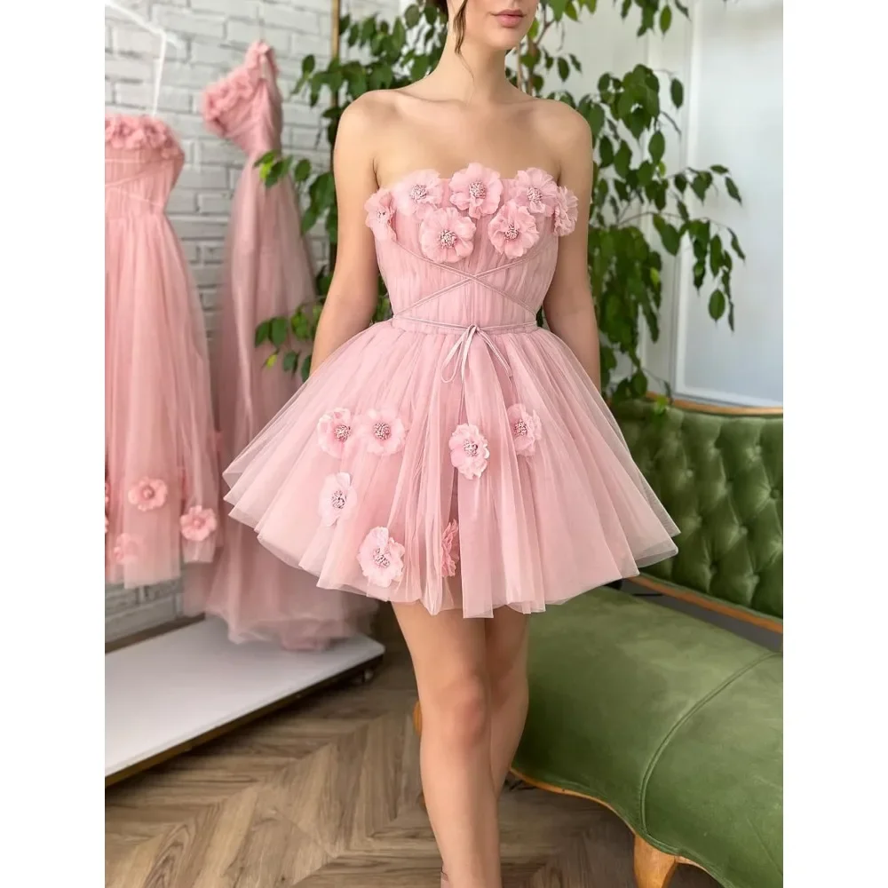 

Wakuta Strapless Tulle Short Homecoming Dress for Teens Flowers Appliques A Line Cocktail Party Gowns vestidos de fiesta cortos