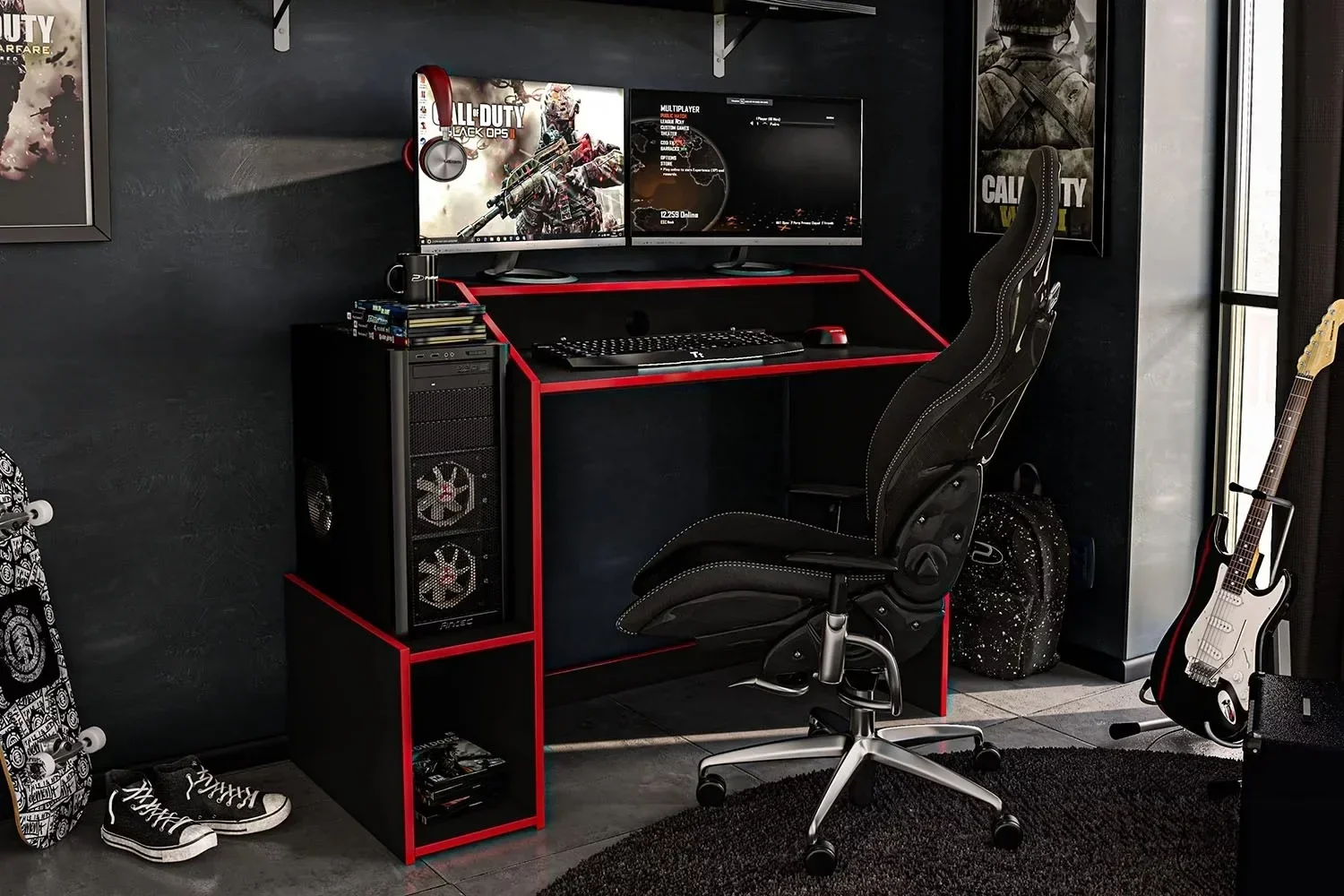 Polifurniture Legend Modern 45" Wood Gaming Desk with Monitor Stand, Black and Red Finish
Polifurniture Legend Modern 45" Wood Gaming Desk with Monitor Stand, Black and Red Finish
