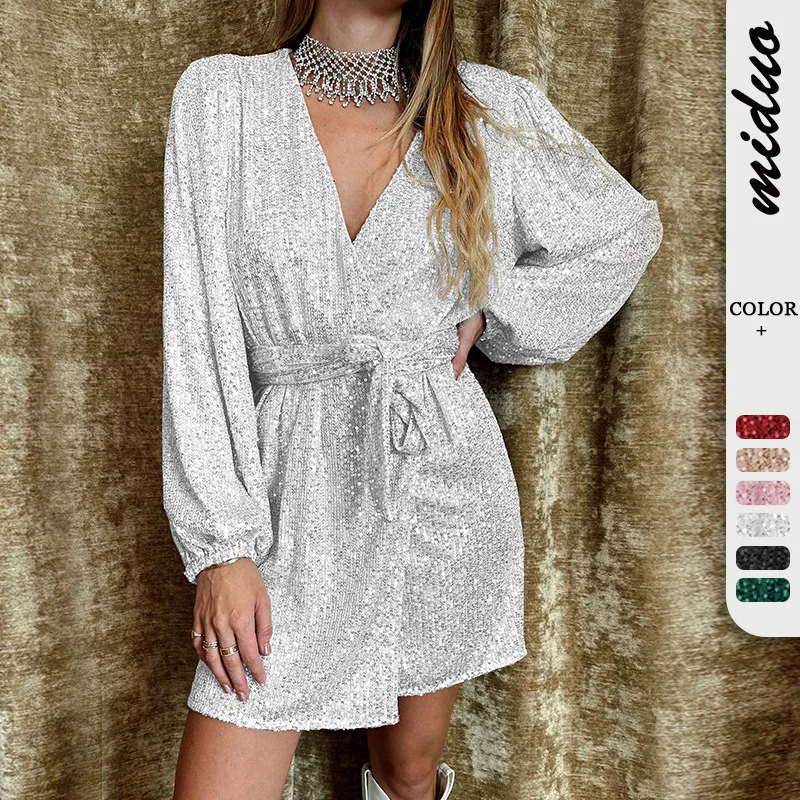 Evening Dresses Women's Summer Fashion Flashy Lantern Sleeve Dress Sexy Cardigan Dress with Belt Short Dress Vestidos De Mujer
Evening Dresses Women's Summer Fashion Flashy Lantern Sleeve Dress Sexy Cardigan Dress with Belt Short Dress Vestidos De Mujer