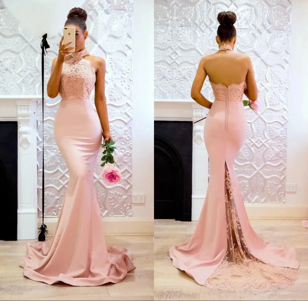 

Pink Mermaid Prom Dresses Lace Appliques Evening Party Gowns Sweep Train Backless Bridesmaid Dress Women Gowns Robes De Soirée