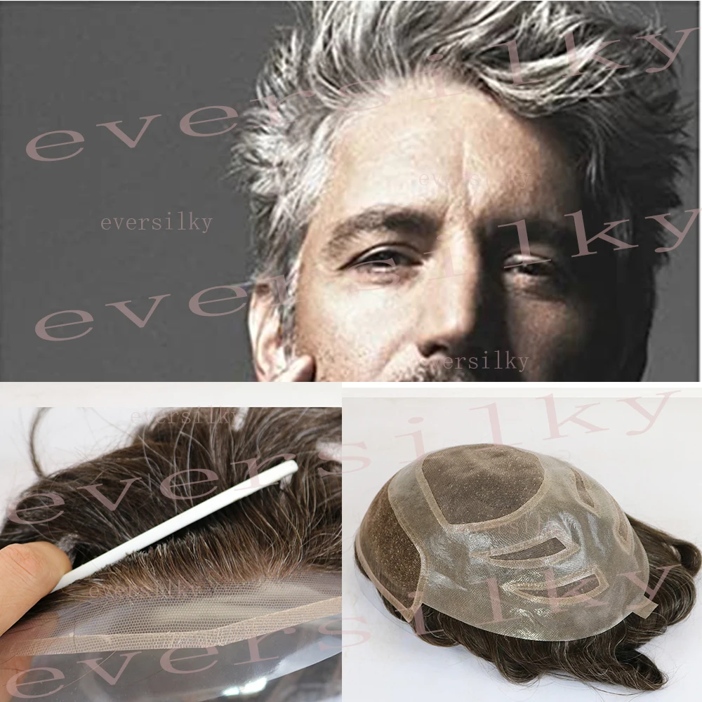 

Natural Hairline Mens Toupee Grey Human Hair Prosthesis Super Durable Breathable Lace Front Male Replacement Bleach Knot System