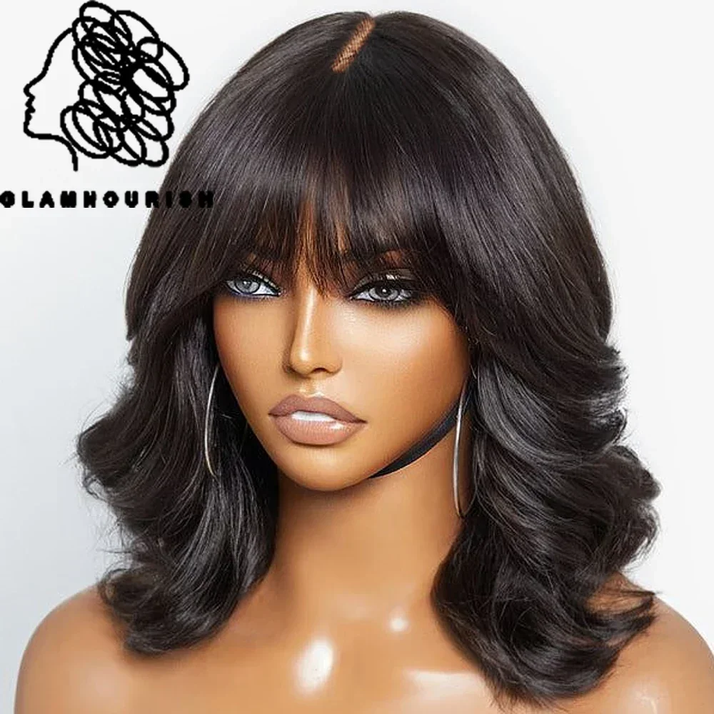 

Body Wave Human Hair With Bangs 3x1.5 Lace Top Scalp Short Bob Fringe Wigs Brazilian Human Hair Glueless Bang Wigs For Women
