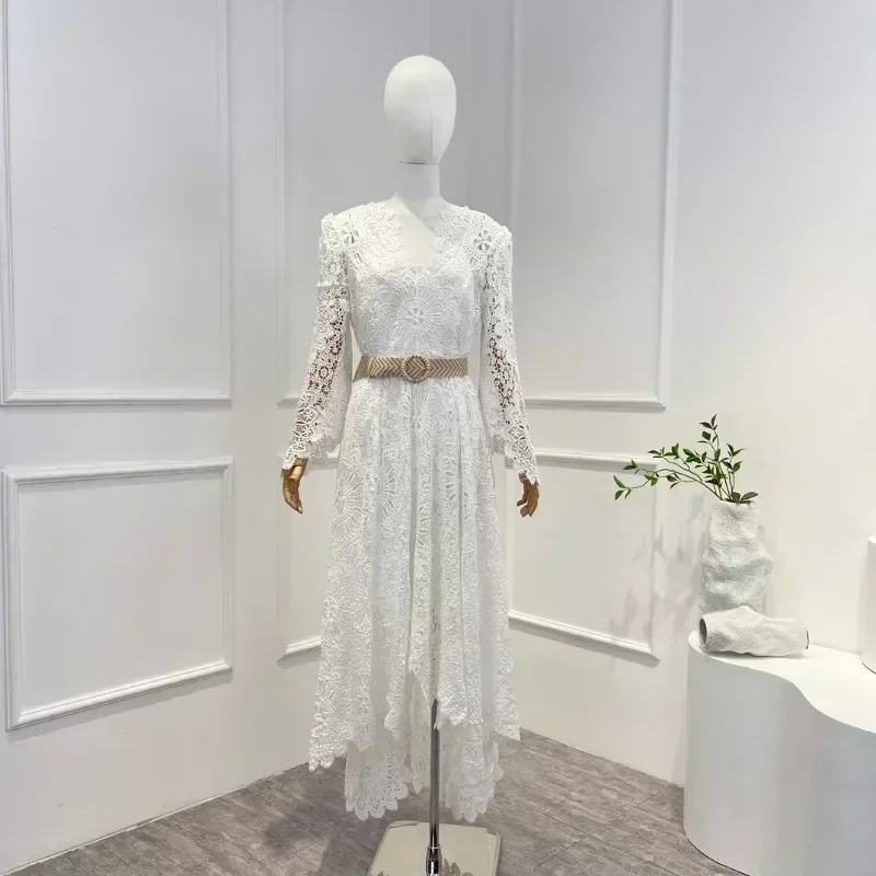 

Женское винтажное платье миди, белое асимметричное кружевное платье с цветочным кружевом, ажурным поясом, лето 2023