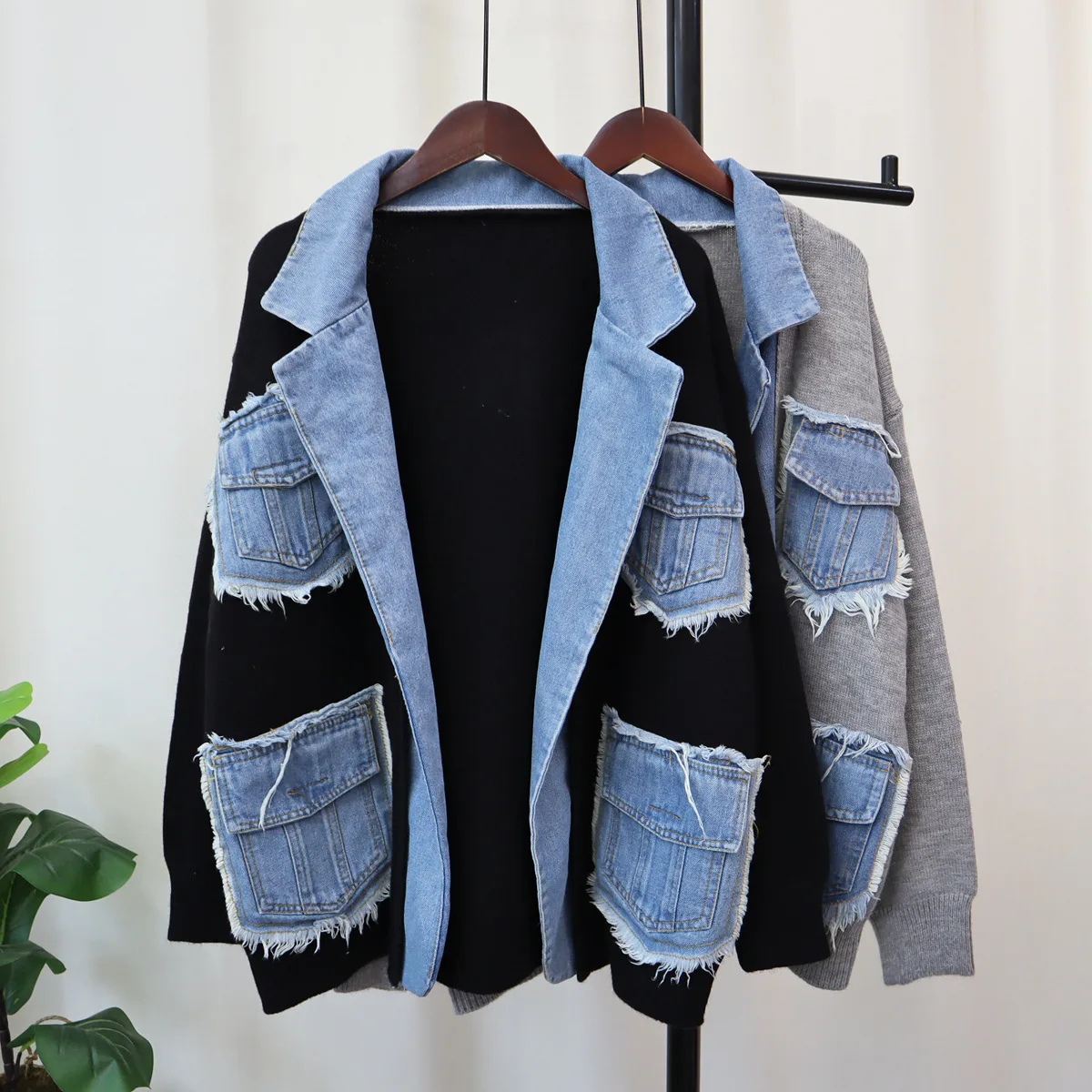 

Autumn Winter Denim Pocket Spliced Women Sweater Jacket Casual Versatile Knit Female Cardigans Coat Tops