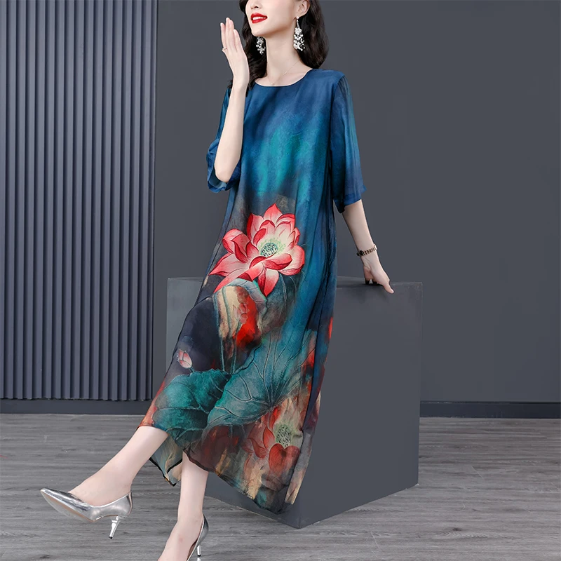 Summer Elegant Silk Printed Round Neck Dress for Women 2023 New Vintage Large Loose Fit Casual Holiday Dress Vestidos
Summer Elegant Silk Printed Round Neck Dress for Women 2023 New Vintage Large Loose Fit Casual Holiday Dress Vestidos
