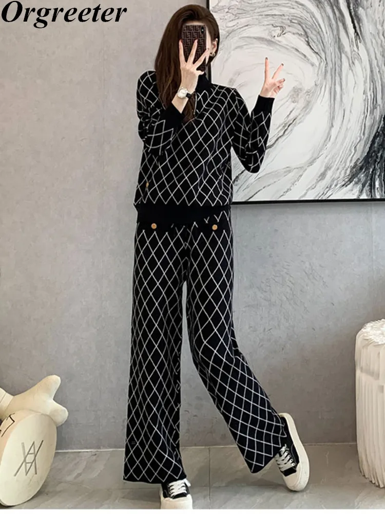New Elegant Fall Winter Diamond lattice Trousers Suts Female Loose Half Turtleneck Sweater Wide Leg Pants Two Piece Set Women
New Elegant Fall Winter Diamond lattice Trousers Suts Female Loose Half Turtleneck Sweater Wide Leg Pants Two Piece Set Women