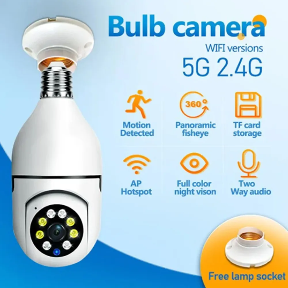 New 5G Bulb E27 Surveillance Camera Full Color Night Vision Automatic Human Tracking Zoom Indoor Security Monitor Wifi Camera
New 5G Bulb E27 Surveillance Camera Full Color Night Vision Automatic Human Tracking Zoom Indoor Security Monitor Wifi Camera