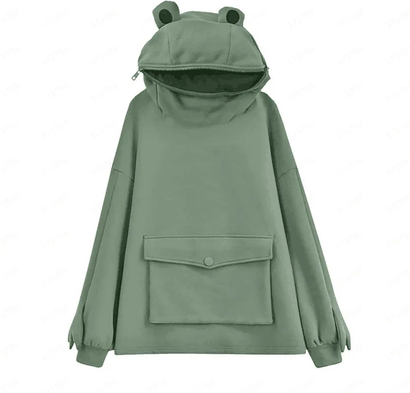 

Harajuku Women Hoodie Frog Pullover Winter Sense Hooded Casual Sweatshirts Autumn Embroidery Loose Top Doll Decoration Hoodies