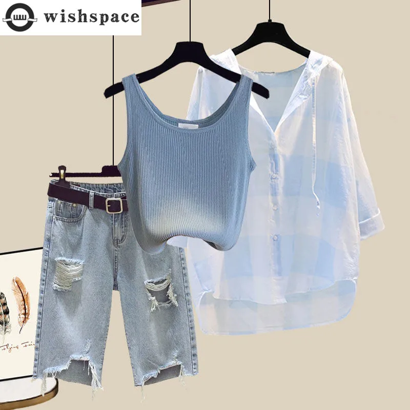 

Летние новые перфорированные джинсовые шорты подвесной жилет в клетку шифоновая рубашка комплект из трех предметов Элегантный женский брючный комплект