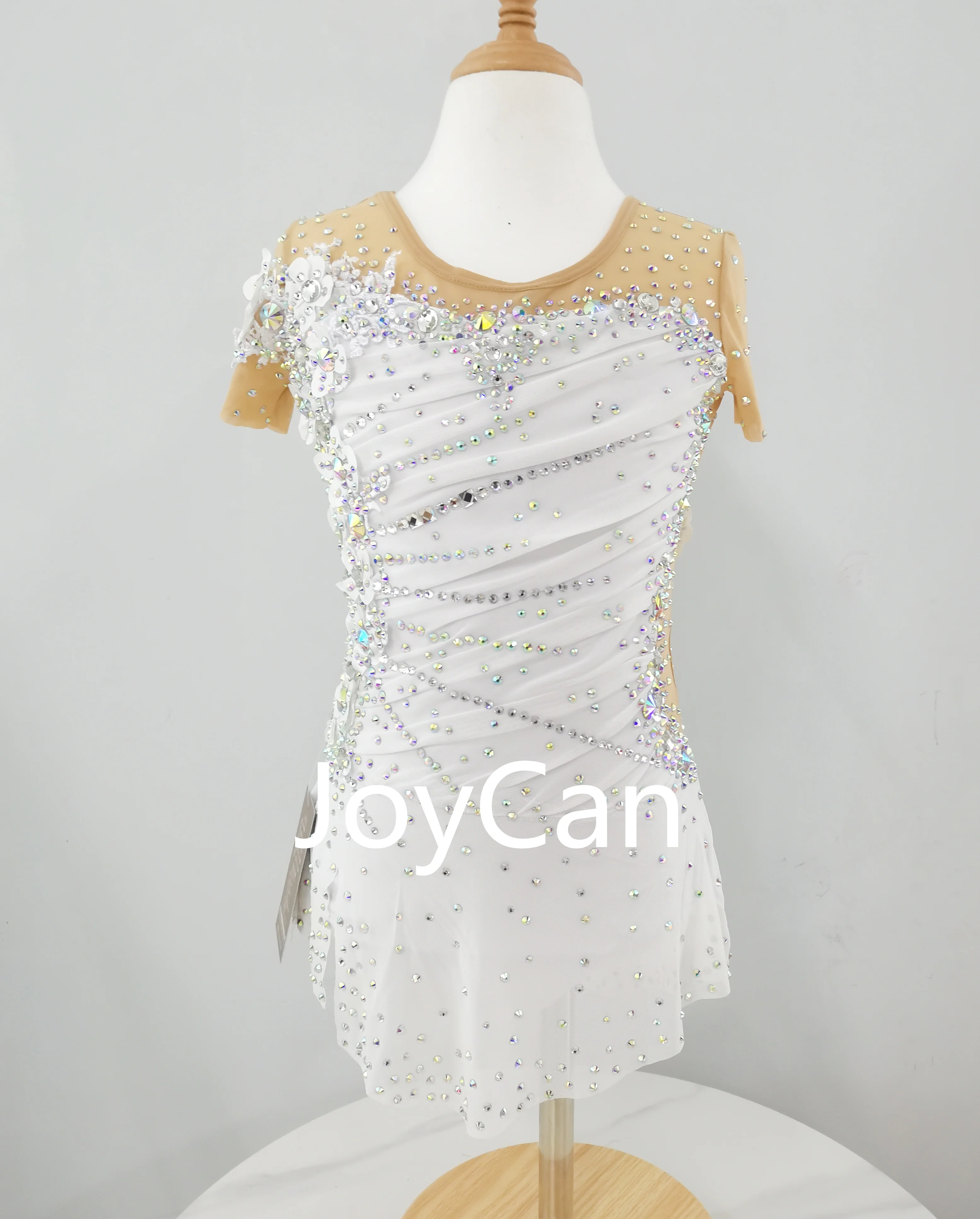 

JoyCan Ice Figure Skating Dress Girls White Spandex Stretchy Mesh Competition Dance Wear Customized