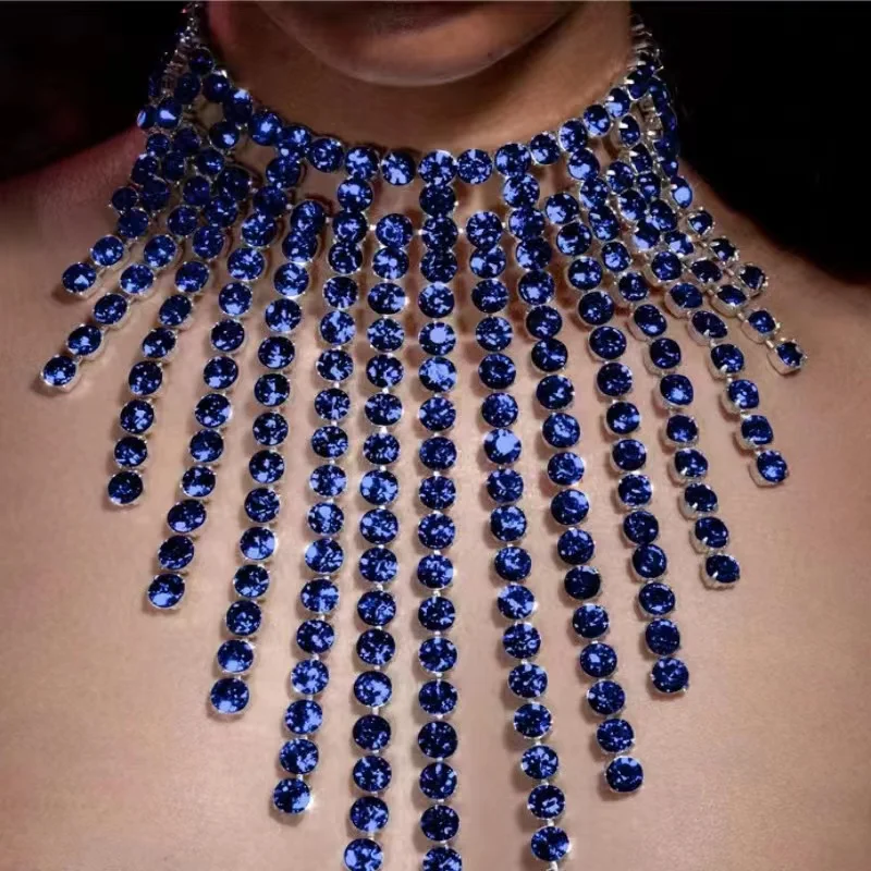 

Luxury Women's Noble Shiny Rhinestone Necklace Fashion Premium Wedding Blue Multi layered Crystal Tassel Necklace Accessories