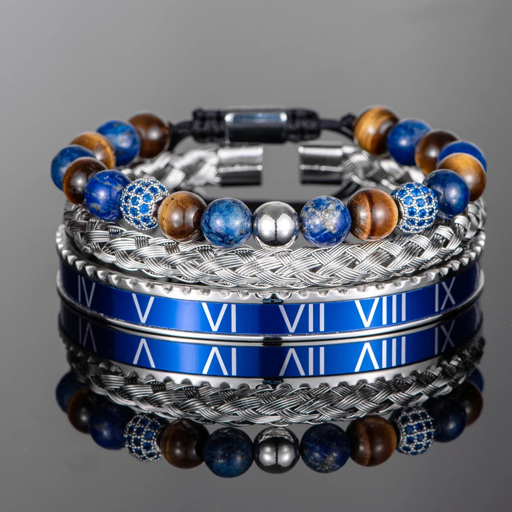 

Morooki 3pcs/set Royal Stainless Steel Roman Bracelets Bangles Blue Cz Ball Lapis Lazuli Stone Braided Jewelry For Dropshipping