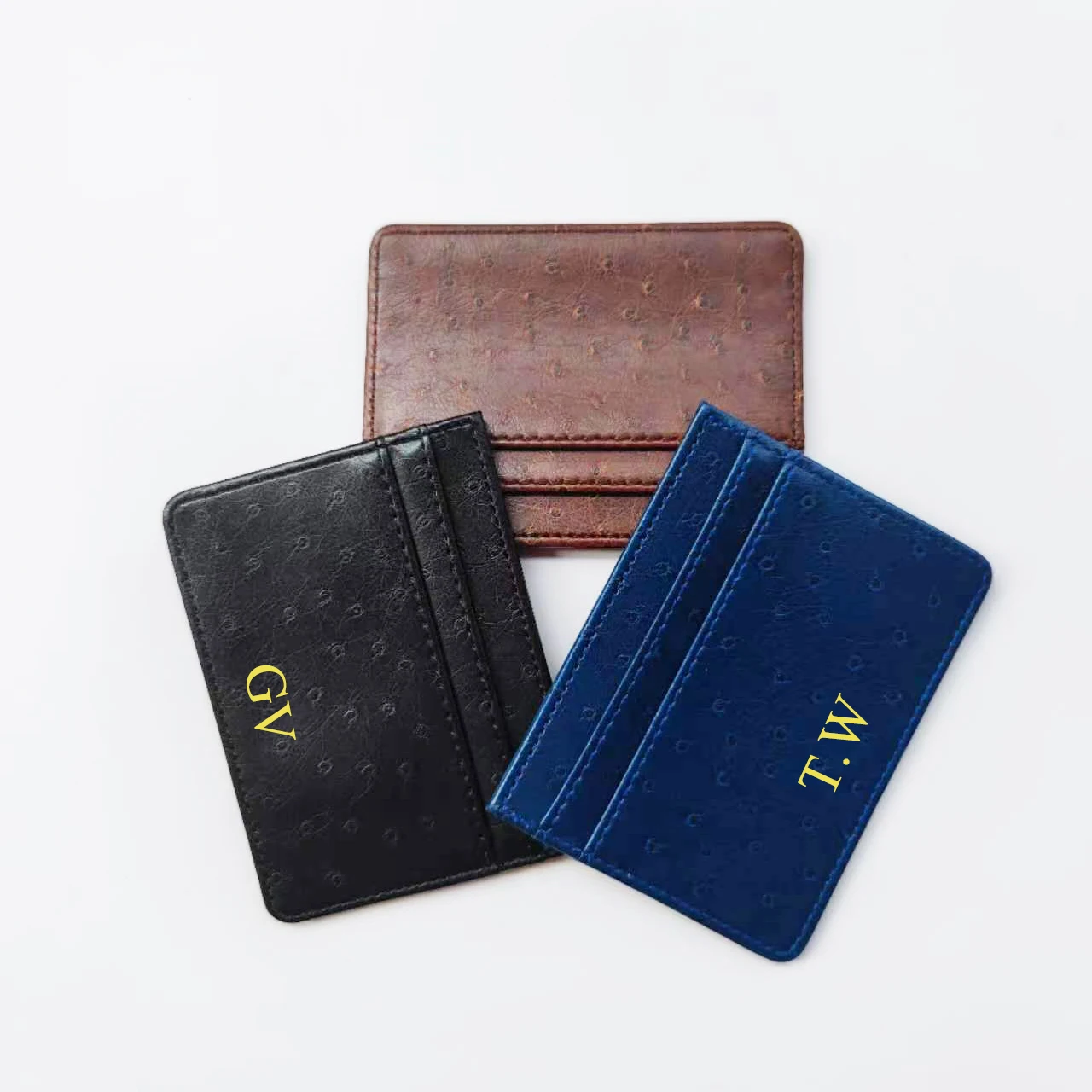 

Free Custom Initials Vegan Pu Leather Card Holder Ostrich Pattern Slim Card Wallet With 5 Card Slots Credit Card Case Gift