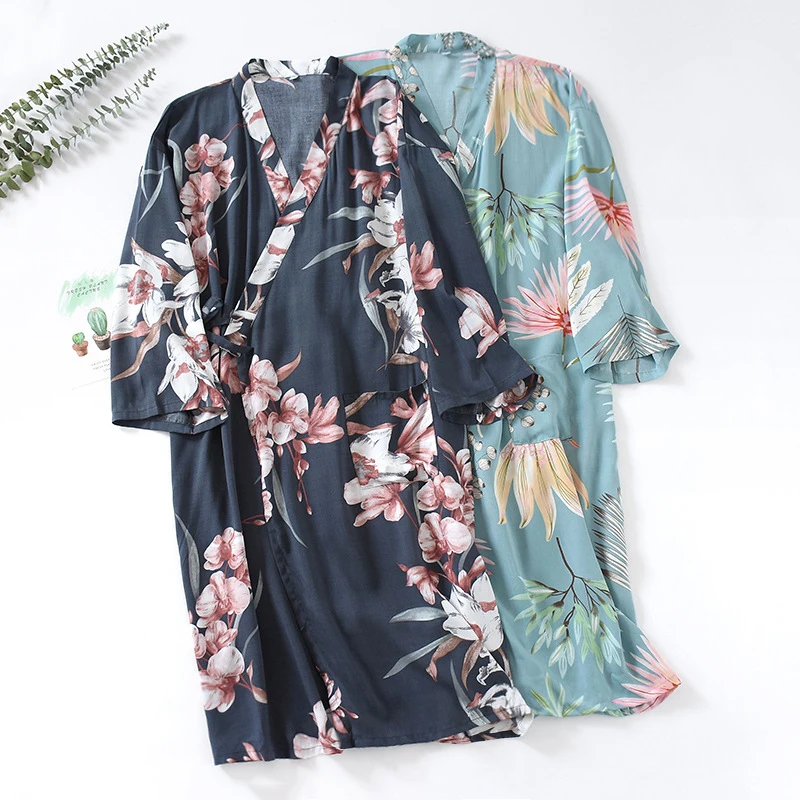 

Japanese Thin Kimono Pajamas Spring Summer Cardigan V-Neck Lace-up Home Wear Women Printed Three-quarter Sleeved Nightgown