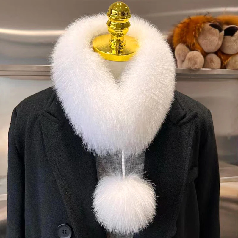 

Women Faux Fox Fur Winter Scarf Short Thick Plush Fluffy Solid Color Neckerchief With Big Pompom Neck Warmer Coat Fur Collar