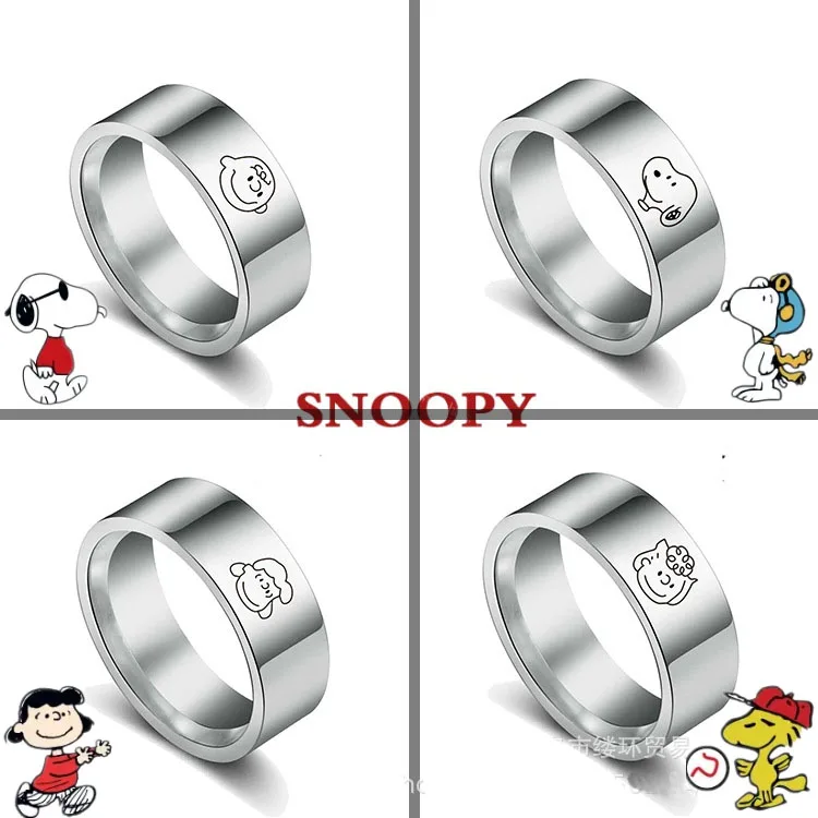 

Ins Snoopy Charlie Family Logo Ring Anime Cartoon Couple Rings Fashion Creative Titanium Steel Jewelry Accessories Decorate Gift