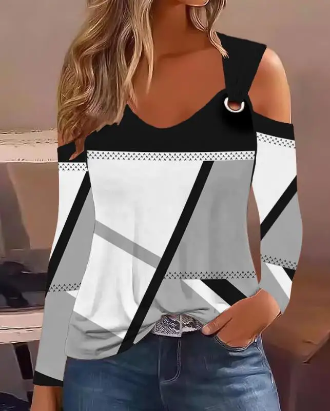 Woman Denim Look Print Cold Shoulder Eyelet Casual Top European & American Women's Clothing Female Fashion Long Sleeve Blouses
Woman Denim Look Print Cold Shoulder Eyelet Casual Top European & American Women's Clothing Female Fashion Long Sleeve Blouses