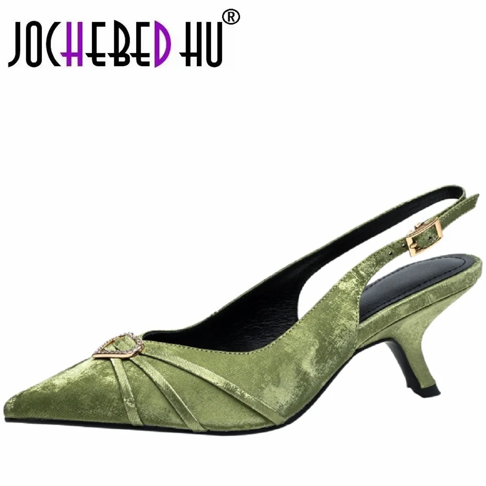 

【JOCHEBED HU】Female Sandal Genuine Leather Pointed Toe Shoes High Heels Summer Girls Peep Comfort High-heeled Retro Stiletto