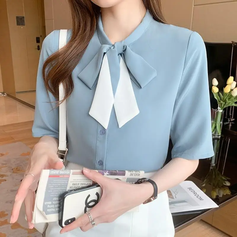 Femme Preppy Style Bow Solid Color Scarf Collar Short Sleeve Women Clotheing Summer Korean Lacing Chiffon Blouse Ladies Tops
Femme Preppy Style Bow Solid Color Scarf Collar Short Sleeve Women Clotheing Summer Korean Lacing Chiffon Blouse Ladies Tops