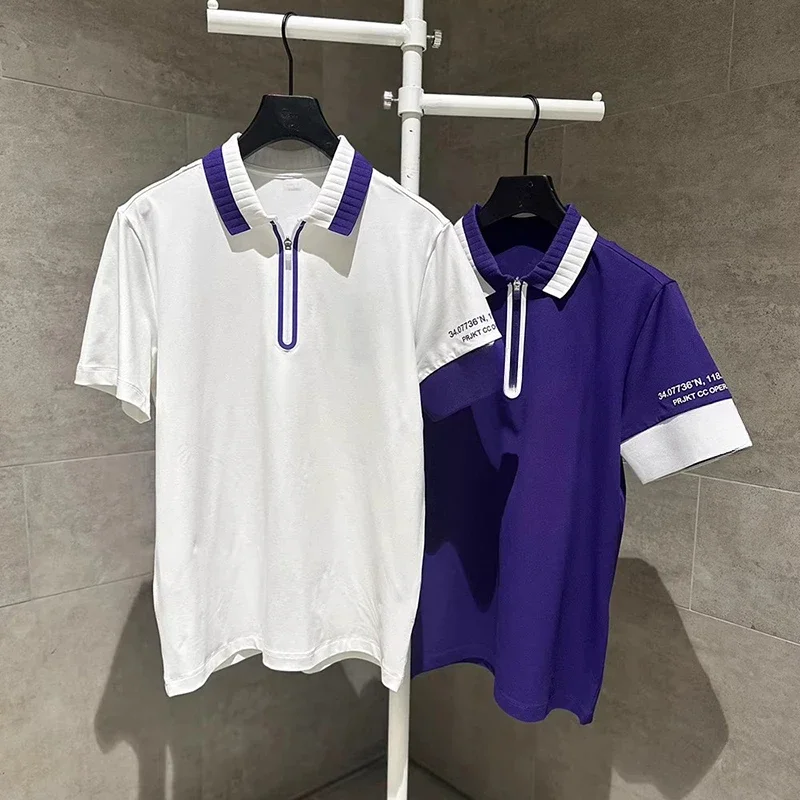 

Spring/Summer Korean Golf Men's New Contrasting Polo Collar Printed Short Sleeve Casual Sports Half Zip T-shirt Top