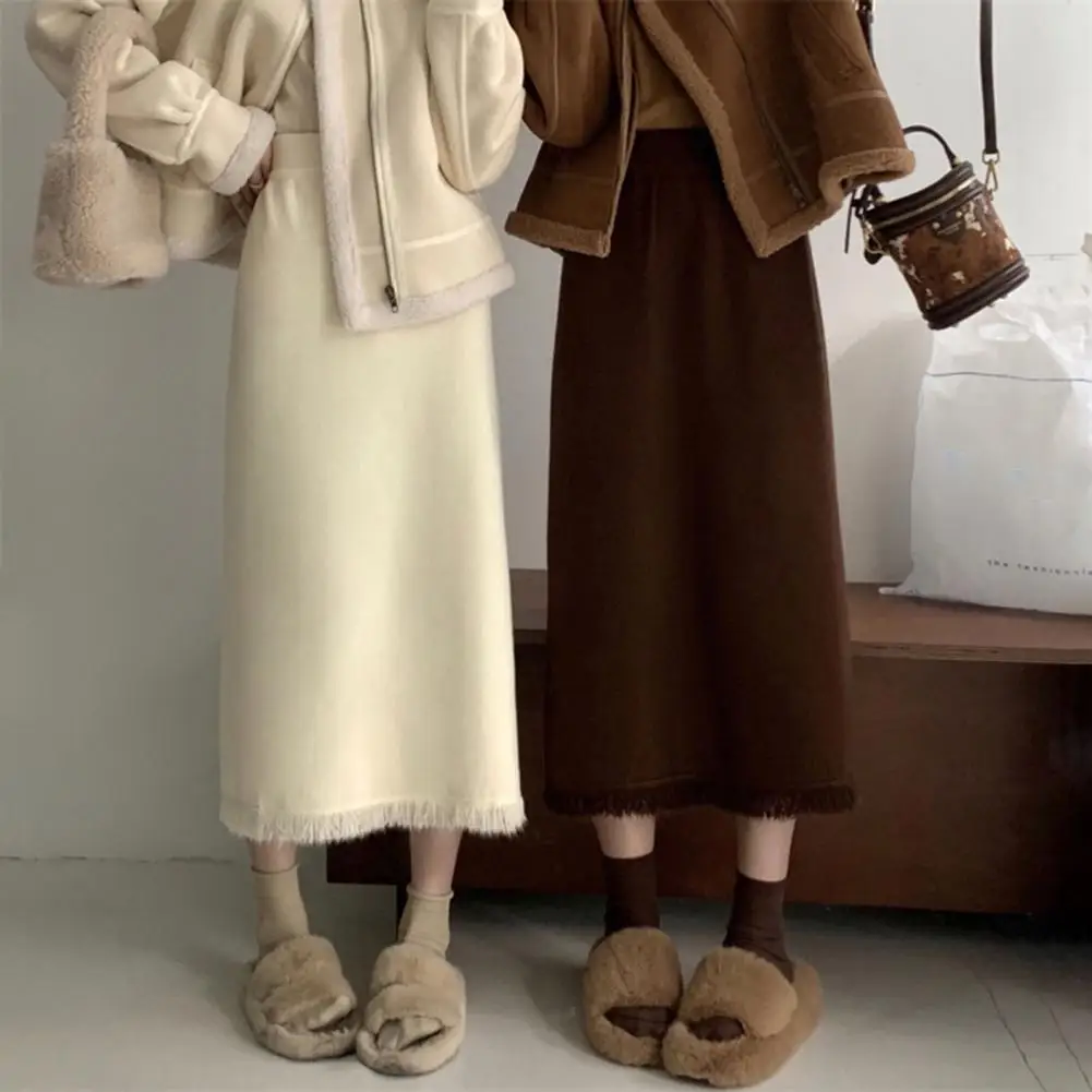 

Fall Winter Women Knitted Warm Skirt Fringed Hem Split Sheath High Waist Thick Soft Mid-calf Length Slim Fit Midi Skirt
