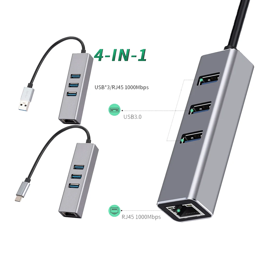 

USB 3.0 Type-C 4in1 Hub USB C To 1000Mbps RJ45 LAN Ethernet Adapter 3 Ports USB3.0 Splitter Network Card for Laptops PC Grey