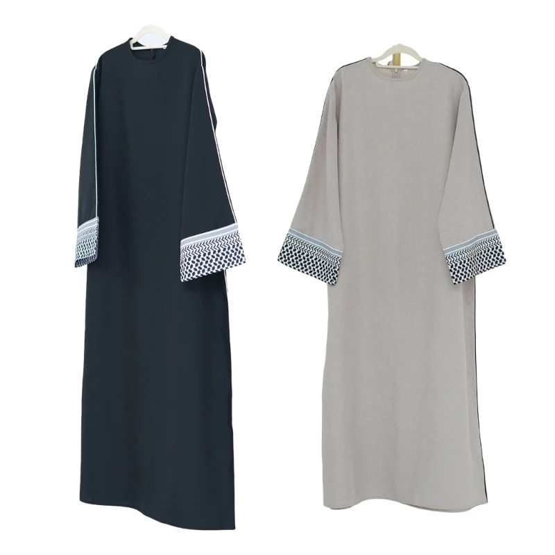 

Muslims Dress Elegant Geometric Spliced Long Sleeve Crewneck Middle East Dubai Arabic Moroccan Kaftan Dresses for Women