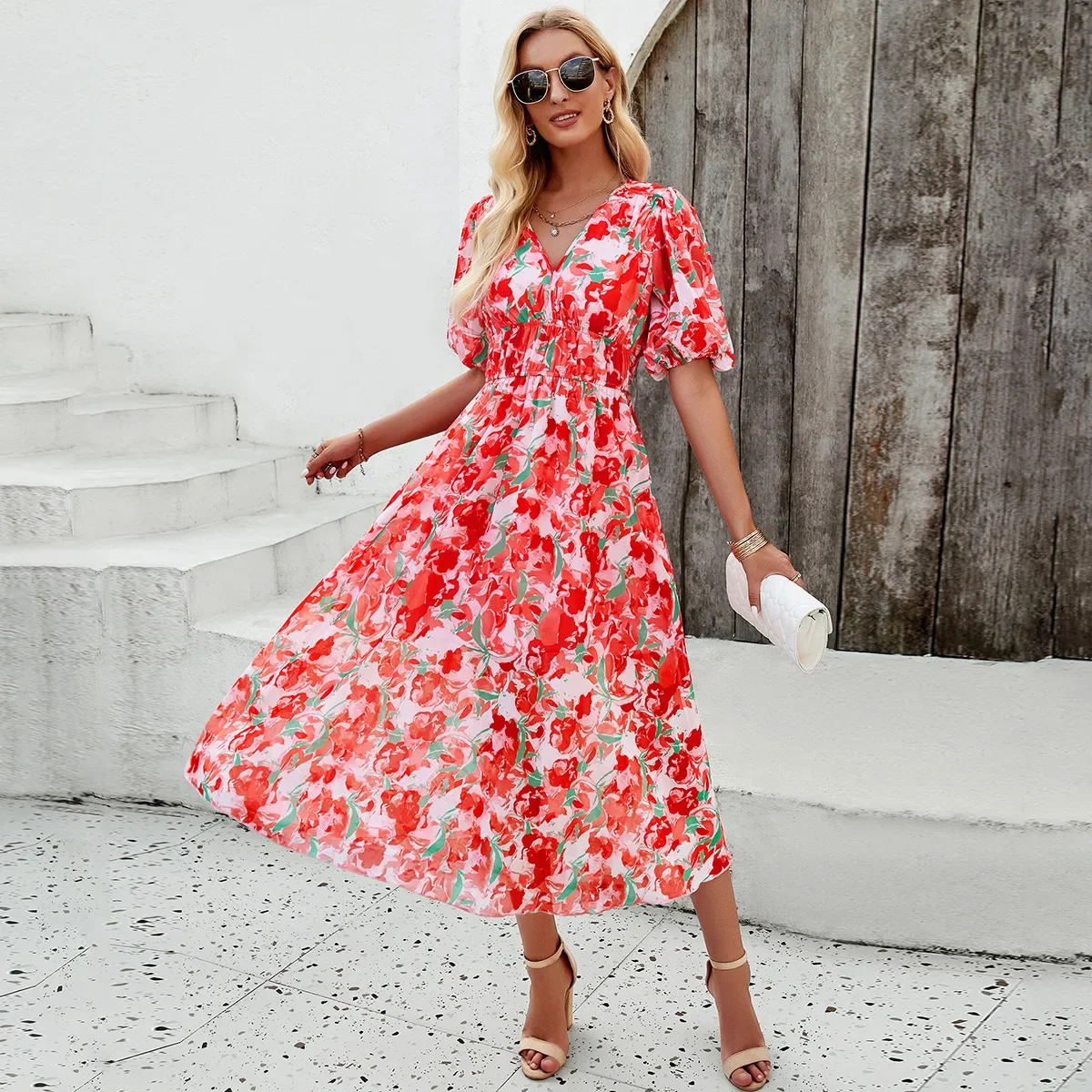 

YEAE Women's Casual Fashion Waisted V-Neck Printed Dress Spring Summer Hot Sale Beach Holiday Women's High Waist Midi Dress 2024