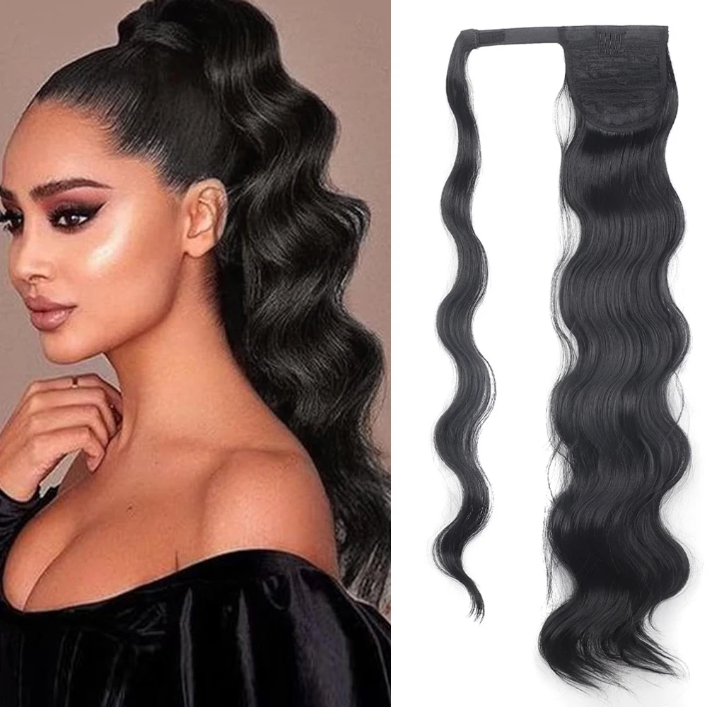 

Long Body Wavy Ponytail for Women Wrap Around Synthetic Fake Hair Extension Heat Resistant Pony Tail Hairpiece Black Fake Hair