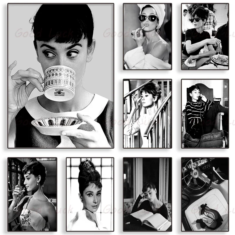 

Famous Star Audrey Hepburn Elegant Fashion Black and White Poster Canvas Painting and Print Wall Art Picture for Room Home Decor